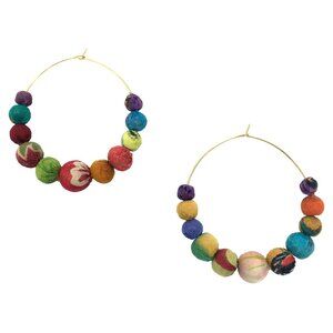 Fair Trade Graduated Hoop Earrings Upcycled Kantha Fabric Beads Boho Handmade